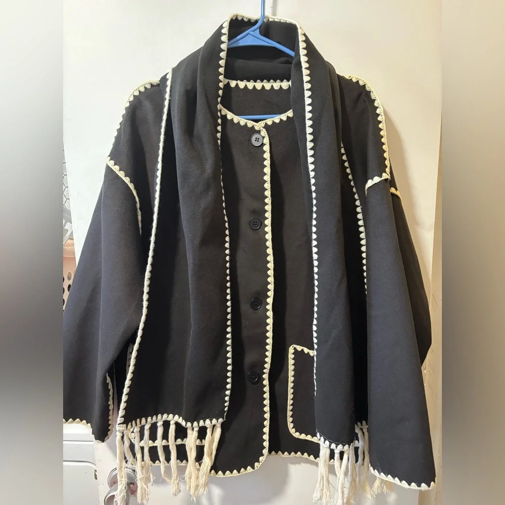 Commense Contrast Trim Jacket With Matching Scarf Black Super Soft Coat Size L - Picture 3 of 8